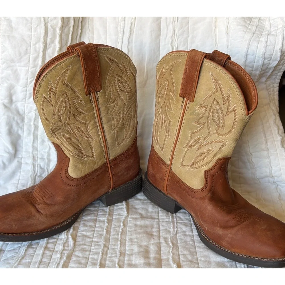Justin Western Jr Canter Boots Brown Tan Leather Square Toe Kids 5.5D